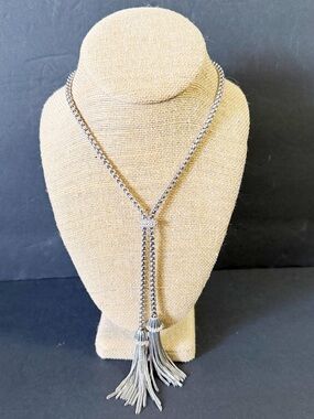 St. Thomas Silver Fringe Tassel Necklace Wheat Chain Signed Rhinestone Belcher